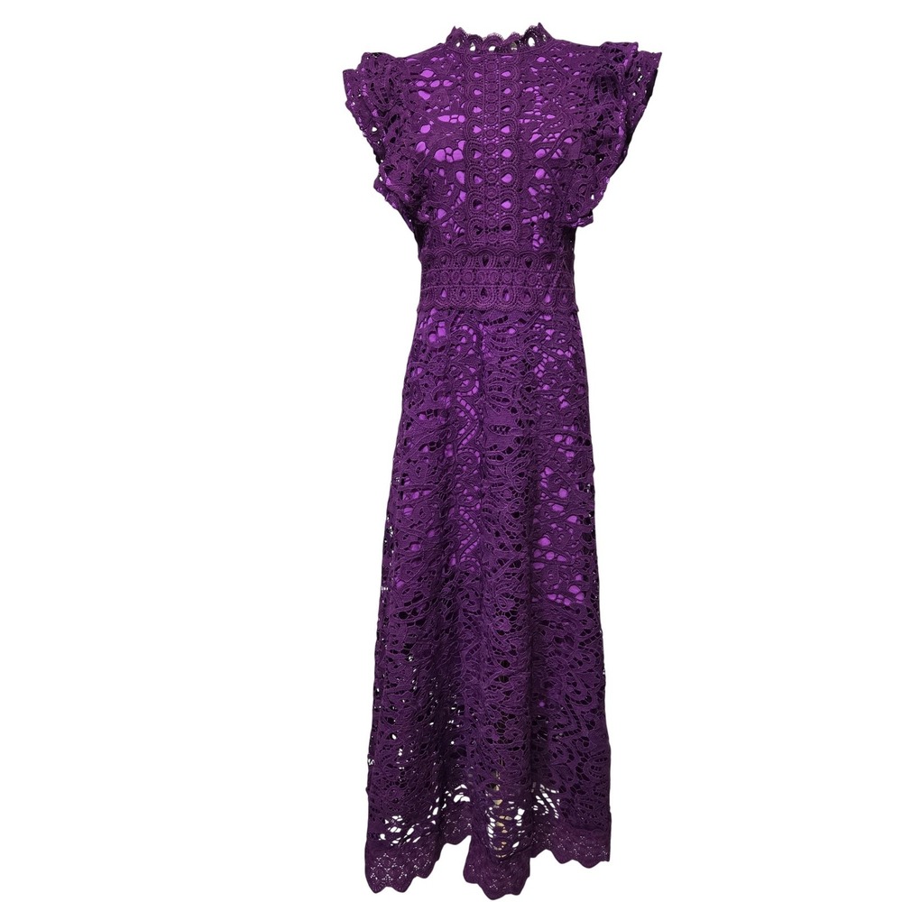 Dalia MacPhee Dress Womens 2X Pink Lace Maxi High Neck Flutter Sleeve‎ Formal